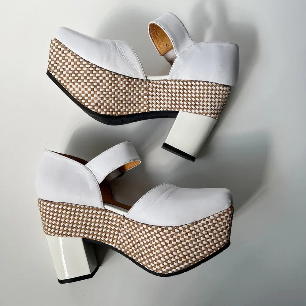 John Fluevog Ana Rita Platform Mary Jane 9 White Leather Woven Cork Block Heel